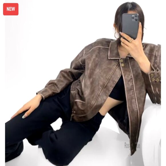 Distressed Faux Leather Bomber Jacket Oversized Motorcycle Style - Picture 4 of 6